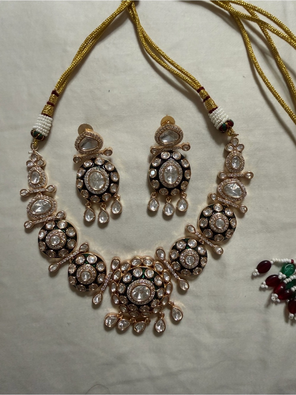 Gold-Tone Kundan Necklace Set with White Stones